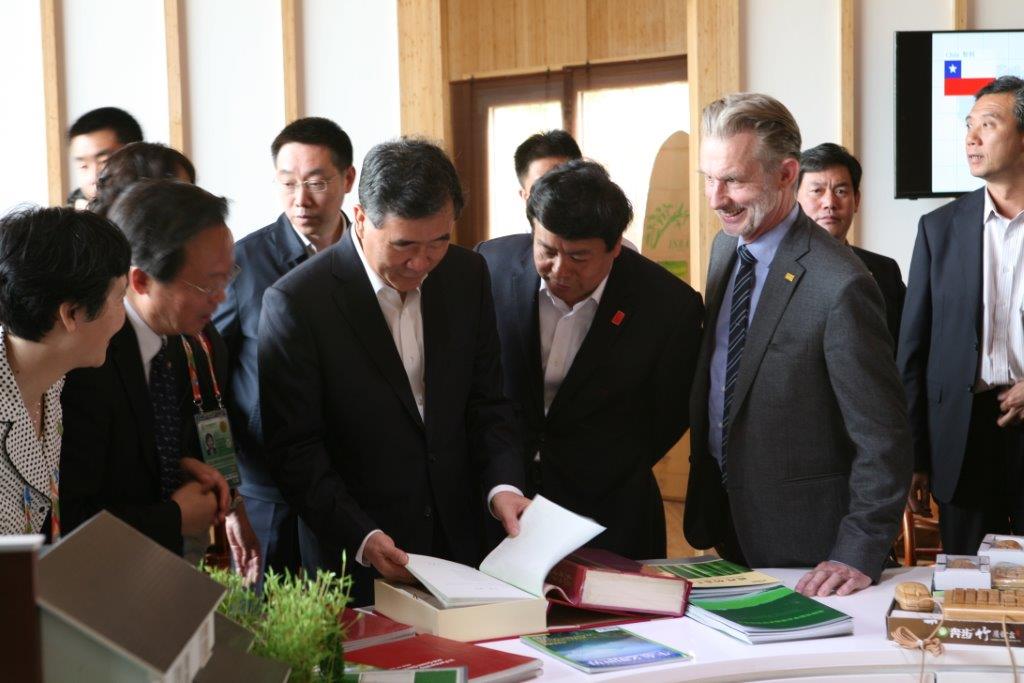 China Vice Premier Wang Yang reads poems about bamboo in the INBAR showroom at the Qingdao EXPO